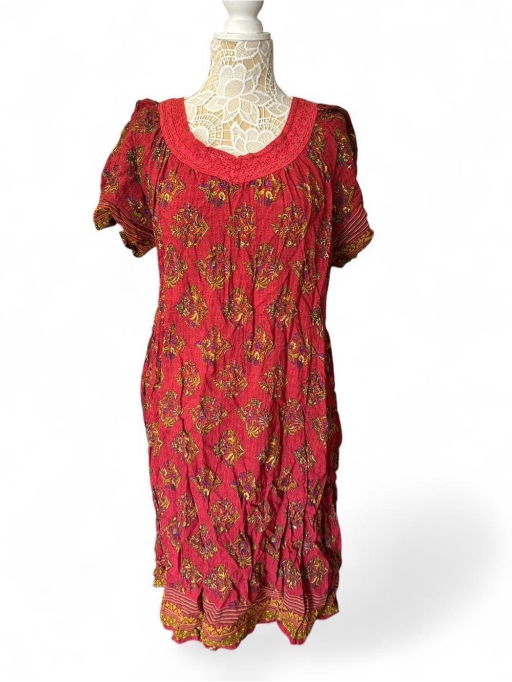 Red Floral Midi Dress with Crochet Trim Scoop Neckline